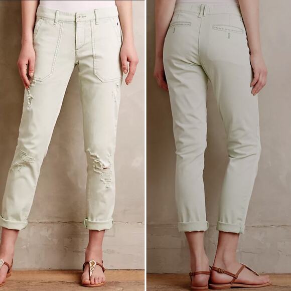Anthropologie Pilcro Hyphen Distressed Chinos Size 25 Mint Mid Rise Relaxed Boho - Picture 1 of 11